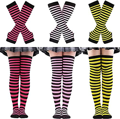 QQY 3 Pack Gloves Socks Set Halloween Funny Stockings Stripe Knee Thigh High Socks Arm Warmer Fingerless Gloves (Red Pink Yellow)
