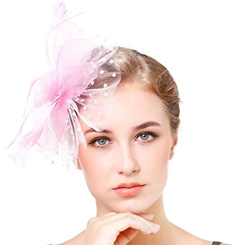 Fascinator Hut Blume Mesh Federn Haarschmuck, Damen Fascinator Hut Gefieder Stirnband Fascinator Blumen Netz Spitzen Clip Hut Feder Haarschmuck Kopfbedeckung für Party Kirche Hochzeit Cocktail - Rosa