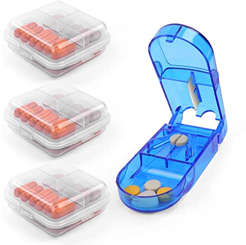 AOOWU Tablettenteiler, Pillenteiler, Medikamententeiler für Kleine und Große Tabletten, Pillenschneider mit 3 Stück Tablettenbox7 Tage Morgens Abends, für Medizin in ein Halbes Viertel Schneiden(Blau)