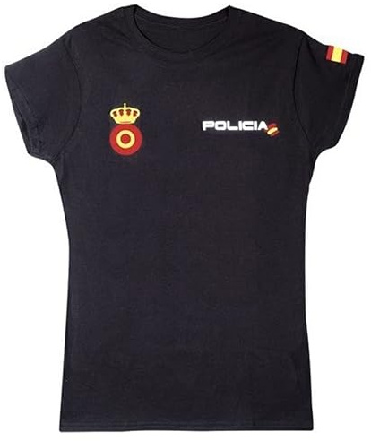 Maglia Polizia Nazionale | Abbigliamento Colore Nero Manica Corta Donna Oppositore Scudo e Bandiera della Spagna, nero, M