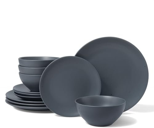 Famiware Moon Dinnerware Sets for 4, 12 Pieces Stoneware Plates and Bowls Sets with Speckled Design, Matte Dish Set, Microwave and Dishwasher Safe, Charcoal