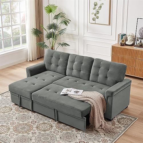 AZRBOPO Corner Sofa Bed, L-Shaped Corner Sofa Bed with Storage, Padded Sectional Transformable Sofa, Stylish and Functional Couch Sectional Settee Sleep Reversible Storage Chaise - Velvet Gray