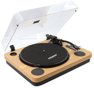 MOOOV 477361 Bluetooth Schallplattenspieler mit integrierten Lautsprechern, USB-Aufnahme, Holzoptik, Kompatibel mit 33/45/78 U/min