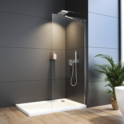 WDWRITTI Walk in Duschwand 75x185cm Duschtrennwand, Duschwand für Dusche mit Stabilisator aus 6mm ESG Glas, Walk-in Duschabtrennung