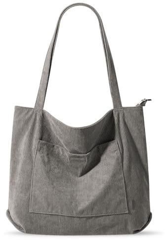 Vegena Cordtasche Handtasche Damen Große Umhängetasche Tote Bag Shopper Tasche Damen Schultertasche Stofftasche Schultasche für Schule Arbeit Einkauf (grau)