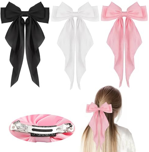 Mbsomnus 3 Stück Schleife Haare Haarschleife Damen Schleifen Haarklammer Großer Haarspange Schleife Haarschleifen mit Abteilklammern Hair Bow Metallklammern für Geschenk - Schwarz Weiß Rosa