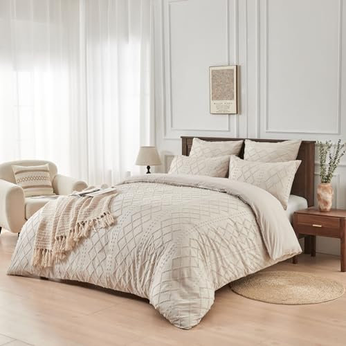 YASMENG Boho Bettwäsche 135x200 Beige Getuftet Geometrisch Kariert Boho Bettwäsche Aesthetic Modern Bettbezug Set Weiche Mikrofaser Bettwäsche 2teilig mit Reißverschluss und 80x80 cm Kissenbezug