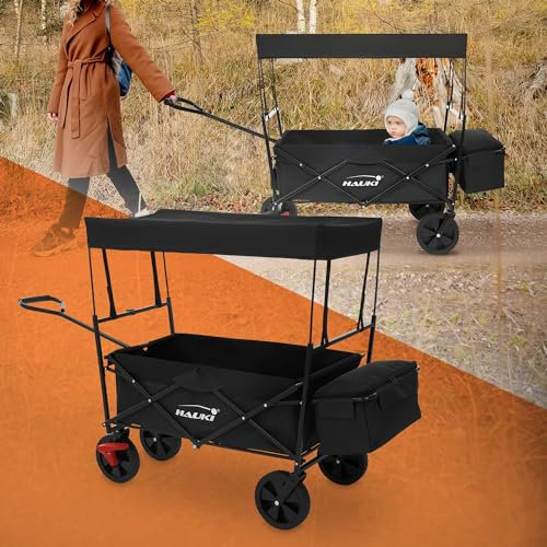 Hauki Bollerwagen faltbar mit Dach, Schwarz, Handwagen klappbar, Transportwagen für Kinder, Gerätewagen inkl. 2x Netztaschen und 1x Außentasche, Vorderrad-Bremse, bis 80 kg, Transportkarre Kinderwagen