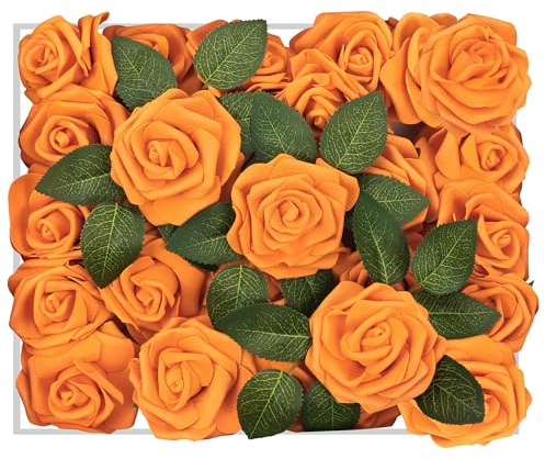 Petalscentusia Artificial Roses 25 pcs Fake Roses with Stems and 20 Leaves Foam Latex for Wedding Bouquets, Valentine's Day, Home Décor, and Party Decorations (Orange Rose)