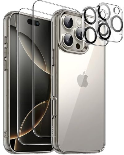 JETech 5 in 1 Case for iPhone 16 Pro Max 6.9-Inch with 2 Pack Each Tempered Glass Screen Protectors and Camera Lens Protectors, Non-Yellowing Shockproof Bumper Phone Cover (Natural Titanium)