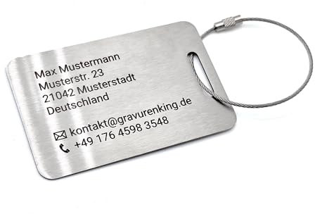 Kofferanhänger aus Edelstahl in Visitenkartenformat - mit individueller Lasergravur und Drahtseil - Gepäckanhänger mit persönlicher Gravur