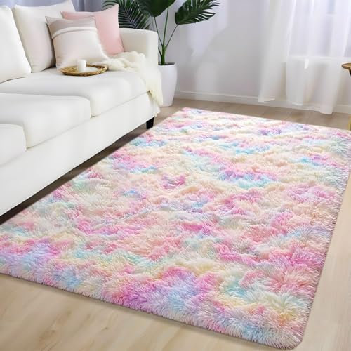 AIMECO Flauschiger Langflor Teppich80X150cm, bunter Plüsch-Kuschelteppich für Schlafzimmer, Kinderzimmer, Wohnzimmer & Lounge, Hochflor Bodenteppich Ideal für Kinder & Haustiere
