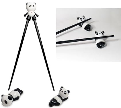 ESS-Stäbchen für Kinder, weiß, 22 cm, mit süßem Bär, Katze, Hase, Panda als Halterung für Anfänger, Stäbchen auswechselbar (Stäbchen-Set Panda/Keramik-Ablagen)