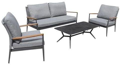 OUTLIV. Loungeset Aruba, Aluminium & Rope, wetterfest, inkl. Tisch mit Sintersteinplatte, Sitzkissen waschbar, für Balkon & Terrasse, anthrazit