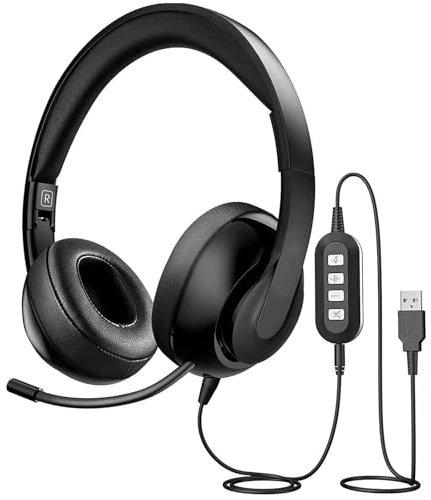 Rigwig BH224A Foldable USB Computer Headphones over Ear with Microphone Noise Cancelling & Audio Controls, 3.5mm/USB Jack 2-In-1 Computer Office Teams Headsets, PC, laptop Skype Call Center