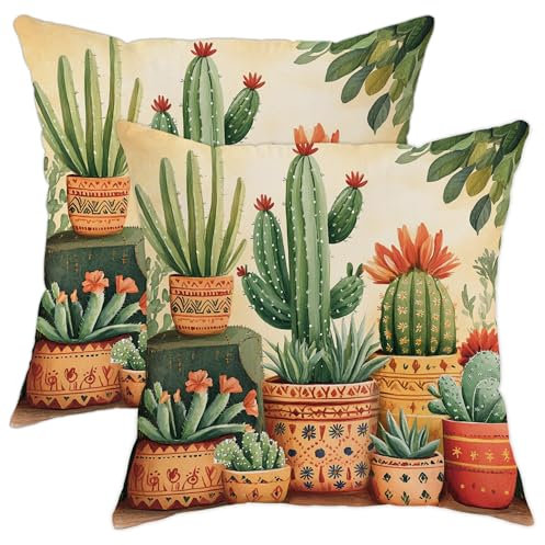 Set di 2 federe per cuscini con cactus, pianta del deserto verde, decorative, quadrate, bohémien, per casa, divano, letto, 45 x 45 cm