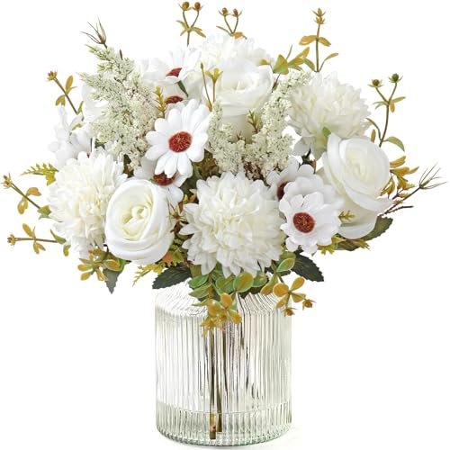 MEIVINES 2 pezzi Fiori Artificiali Fiori Finti per Decorazioni Bouquet Fiori Rose Artificiali di Seta per matrimonio casa centrotavola partito cimitero tomba decorazione (Bianco, 2PCS)