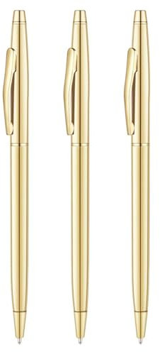 3 Stück Kugelschreiber Gold Metall, Schlanke Druckkugelschreiber mit Schwarzer Tinte, Geschenkstift für Hochzeit, Business, Büro, Einweihung, Kugelschreiber Hochzeit Gold für Männer und Frauen
