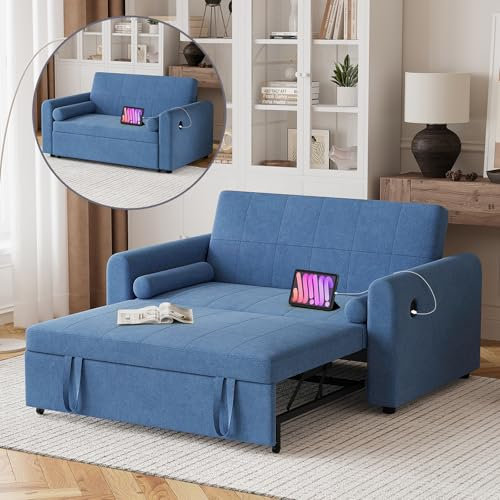 Hello-5ive 2-Sitzer-Sofa, 3-in-1 wandelbares Ecksofa mit USB- und Typ-C-Anschlüssen, ausziehbares Leinen-Doppelschlafstuhlbett mit Tasche und verstellbarer Rückenlehne für Wohnzimmer, Blau