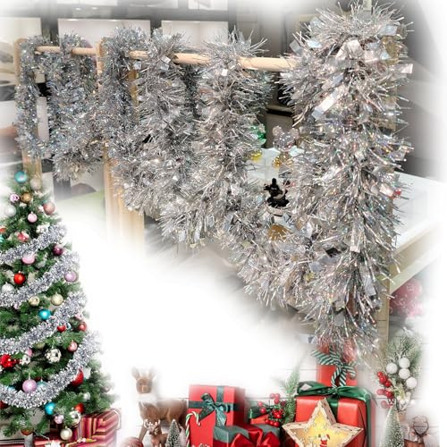 Weihnachten Lametta Girlande,4 Stück x 2 m Weihnachtsbaum Dekoration Girlande,Glänzend Weihnachtsbaum Ornamente,Weihnachtsdeko Lametta für Weihnachtsbaum Weihnachtsfeier (Silber)