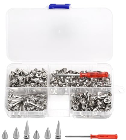110 Sets Kegel‑Nieten Silber 3 Größen Ø10/14/20 mm mit Schraubendreher | Metall‑Schraubnieten 7 mm, Ø10/14/20; für Kleidung/Leder/Taschen; leicht montierbar; inkl. Schraubendreher