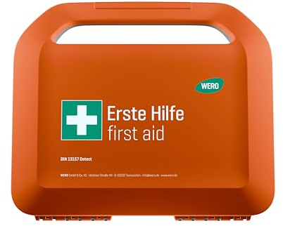 Erste-Hilfe-Koffer WERO Smart Case klein DIN 13157 | mit Weroplast® PowerDetect Pflastern, staub- & spritzwassergeschützt, mit Farbleitsystem, mit Wandhalterung