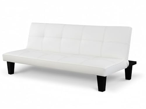 Baroni Home Schlafsofa aus Kunstleder, 3-Sitzer, umwandelbar in gepolstertes Bett, neigbares Sofa mit Kunststoffbeinen für Wohnzimmer, Gästezimmer, Öffnung 88 cm, 166 x 75 x 70 cm, weißes Kunstleder