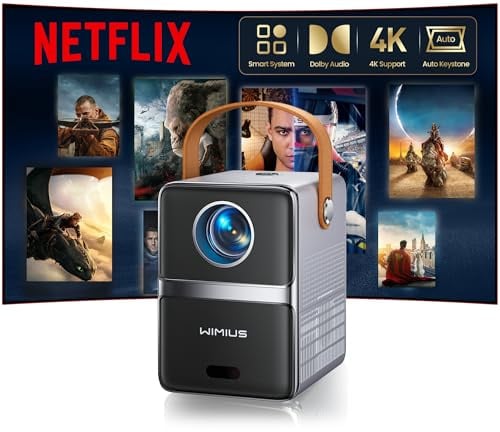 4K Mini Projector Netflix Ready,30000 Lumen Smart Portable Home Cinema WiMiUS P61 PRO Projector with 3D Dolby Audio Short Throw, TOF 1s Focus WiFi6 Bluetooth 5.4 HDR10 for Bedroom Outdoor Movies,Gifts
