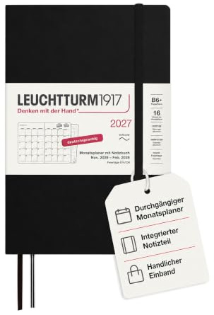 LEUCHTTURM1917 Monatsplaner mit Notizbuch 2027 Paperback (B6+) - Deutsch, Schwarz, Softcover, 125 x 190 mm, 16 Monate (01.11.2026-28.02.2028), 132 Notizseiten Dotted mit Inhaltsverzeichnis
