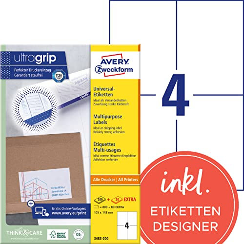 AVERY Zweckform 3483-200 Universal Etiketten (800 plus 80 Klebeetiketten extra, 105x148mm auf A4, bedruckbare Versandetiketten, selbstklebende Versandaufkleber mit ultragrip) 220 Blatt, weiß