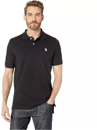 U.S. Polo Assn. Men's Classic Polo Shirt, Two-Button Closure Pique Polo Shirt, Summer Fashion Golf Shirt, Black/White, XL