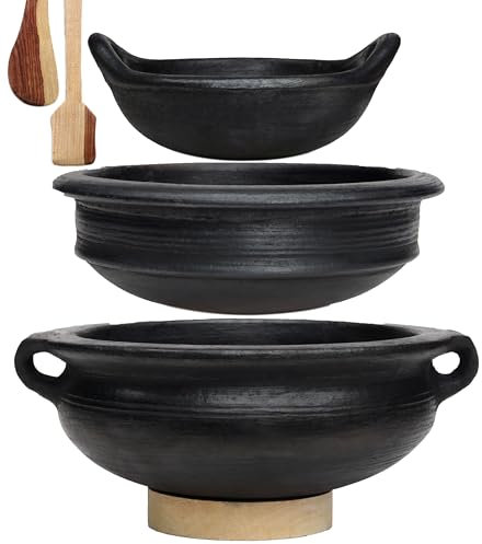 Craftsman India Black Pottery Earthen Kadai/Clay Pots Combo for Healthy Cooking Pre-Seasoned (3.5,2 & 1Ltr_Deep Burned_Gas Stove & Microwave_Unglazed)