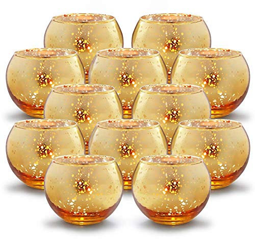 GUIFIER 12PCS Classy Mercury Glass Votive Tealight Candle Holders,Speckled Gold Candle Holder 2 H for Weddings, Parties and Home Decoration