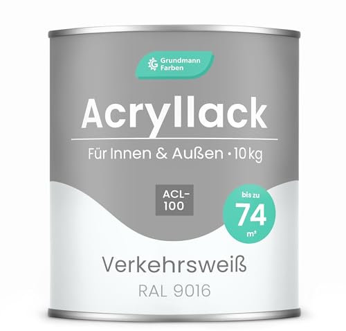 Grundmann Acryllack ACL 100 - Weiß 10 Kg - 4in1 Lack inkl. Grundierung - Innen und Außen - Für Holz, Metall, Stein & Kunststoff - Verkehrsweiß RAL 9016