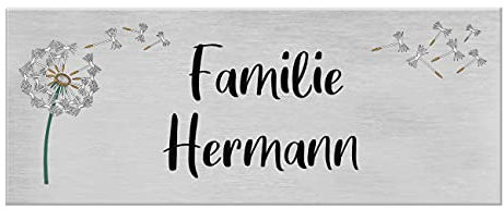 9 Motive, farbige Laserbeschriftung, UV- und witterungsbeständig - Edelstahl Briefkastenschild mit Gravur - Namensschild selbstklebend (3M) - Türschild personalisiert mit Namen - Pusteblume