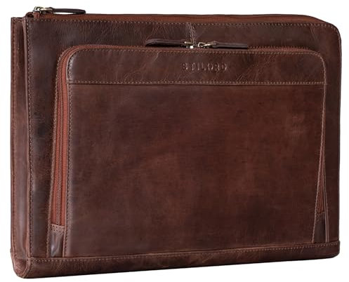 STILORD 'Dillon' Leder Aktenmappe Konferenzmappe 13 Zoll Laptoptasche Vintage Dokumentenmappe Schreibmappe DIN A4 Businessmappe Portfolio Mappe Echtleder, Farbe:Florida - braun