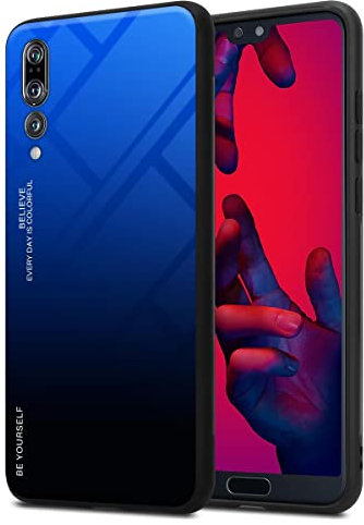 Cadorabo Estuche Compatible con Huawei P20 Pro / P20 Plus en Azul - Nero - Funda Protectora Bicolor Fabricada en Silicona TPU y Parte Trasera de Cristal Templado