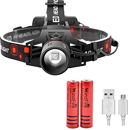 Linterna Frontal LED Recargable, Superbrillante 8000 LM, Luz Blanca y Roja Zoom 4 Modos de Iluminación Linterna Cabeza con 2 Baterías y Cable USB, para Camping, Senderismo, Ciclismo, Astronomía