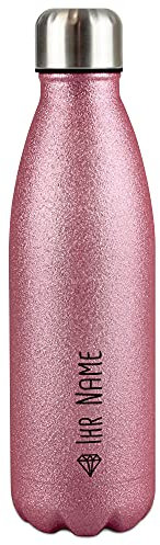 Bouteille d'eau à paillettes en acier inoxydable avec nom et symbole diamant – Bouteille isotherme pailletée, sans BPA, pour voyage, école et sport I Cadeau personnalisé – Rose 500 ml