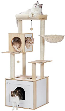 PAWZ Road Moderno albero per gatti in legno con armadietto, lettiera e spazioso condominio, grande posatoio e amaca, tiragraffi rivestito in sisal, beige
