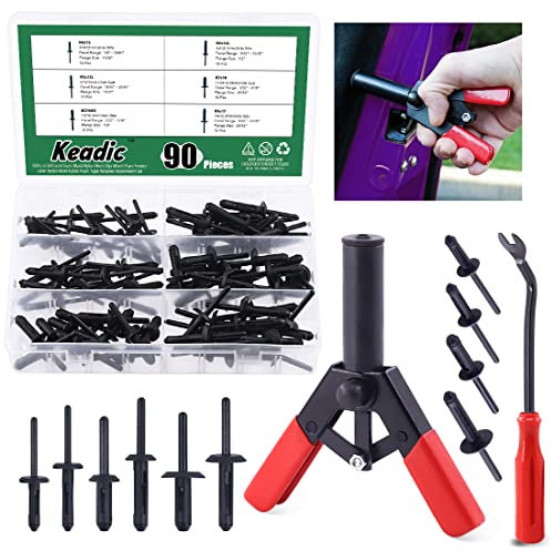 Keadic 92 Pcs 6 Sizes Plastic Rivet Assortment Kit with Poly Rivet Gun and Free Rivet Puller Remover for Automotive and More