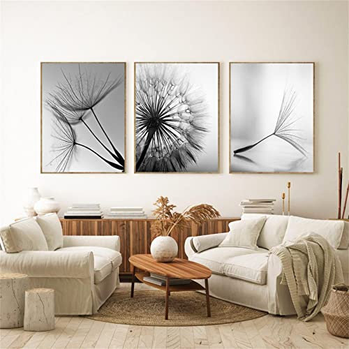 TROYSINC 3er Set Design-Poster Wandbilder, Pusteblume Ohne Rahmen Wandbild Print Bilder, Leinwand Kunstposter Schwarz und weiß Pusteblume für Wohnzimmer Deko (30x40cm)