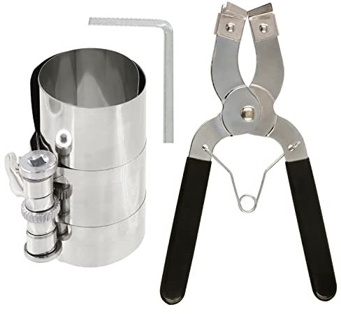 Swpeet 3Pcs 4 Inch Stainless Steel Piston Ring Compressor and Adjustable Piston Installation Tool Installer Removal Pliers with Wrench Assortment Kit Perfect for Car Engine