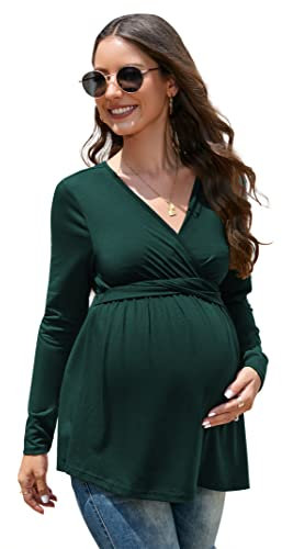 KOJOOIN Chemise d'allaitement pour Femme Col en V Chemise De Maternité À Manches Longues Hauts d'allaitement avec Ceinture Vert foncé (Manches Longues) M