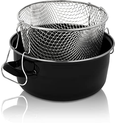 Krüger Emaille-Pommes-Frites-Topf mit Chromrand und Siebeinsatz - 24cm - perfekte Wärmeleitung - Topf zum Frittieren von Pommes-Frites, Calamares, etc..