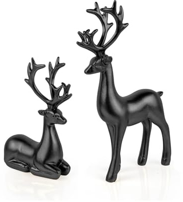 Bonlting 2 Pack Resin Christmas Reindeer Figurines Deer Statues Elk Sculpture Deer Ornaments for Living Figurine Statues TV Cabinet Home Office Wine Cabinet Decoration (Black)