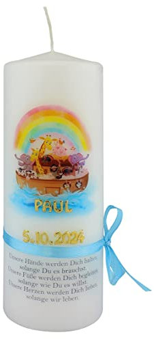 Wiedemann Kerzen Taufkerze Regenbogen, Tieren im Boot auf Wasser und Blauer Schleife 200 x Ø 70 mm mit individueller Namensverzierung aus Wachsbuchstaben