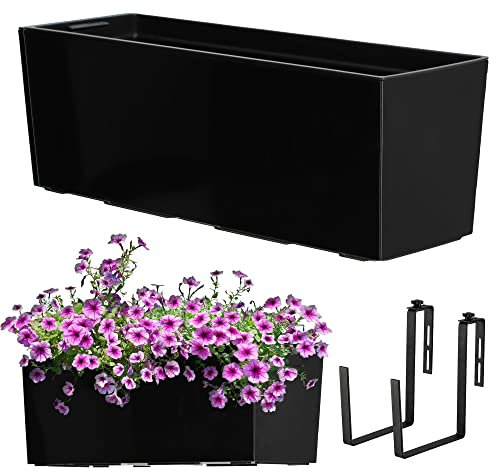 KADAX Blumenkasten 18,5x56 cm, Glattemuster, Schwarz, mit Halterungen, mit Einsatz – wetterfester rechteckiger Pflanzkasten für Balkon und Outdoor