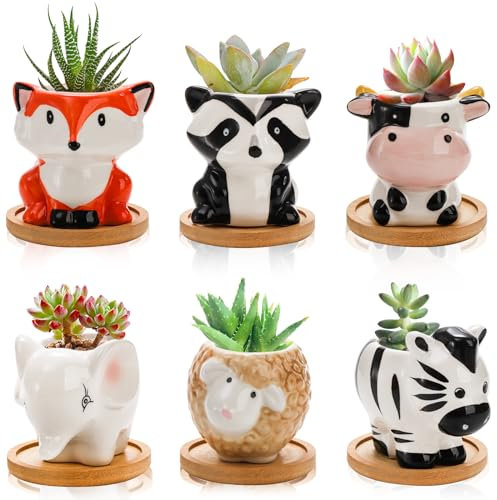 Pumtus 6 Stück Mini-Sukkulenten-Töpfe, kleiner Keramik-Blumentopf, niedlicher Tier-Pflanzenhalter mit Ablaufloch und Bambus-Tablett für Kaktus, Geschenke, Garten, Büro, Heimdekoration, 7,6 cm