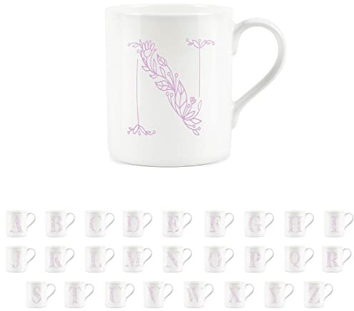 Purely Home Floral Pink Letter N Mug - Fine Bone China Small Coffee Tea Mug Present Personalised Initial Gift